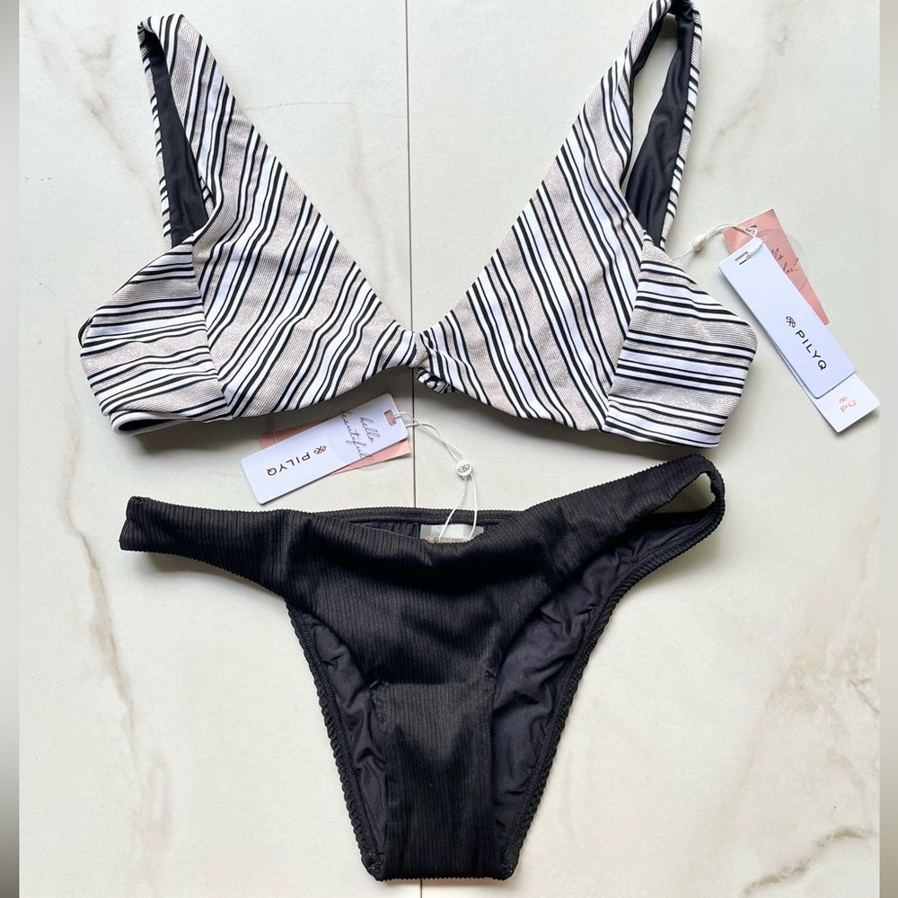 Nwt Anthropologie PilyQ Harbour Stripe Fiona Halter Black Pearl Teeny Bikini